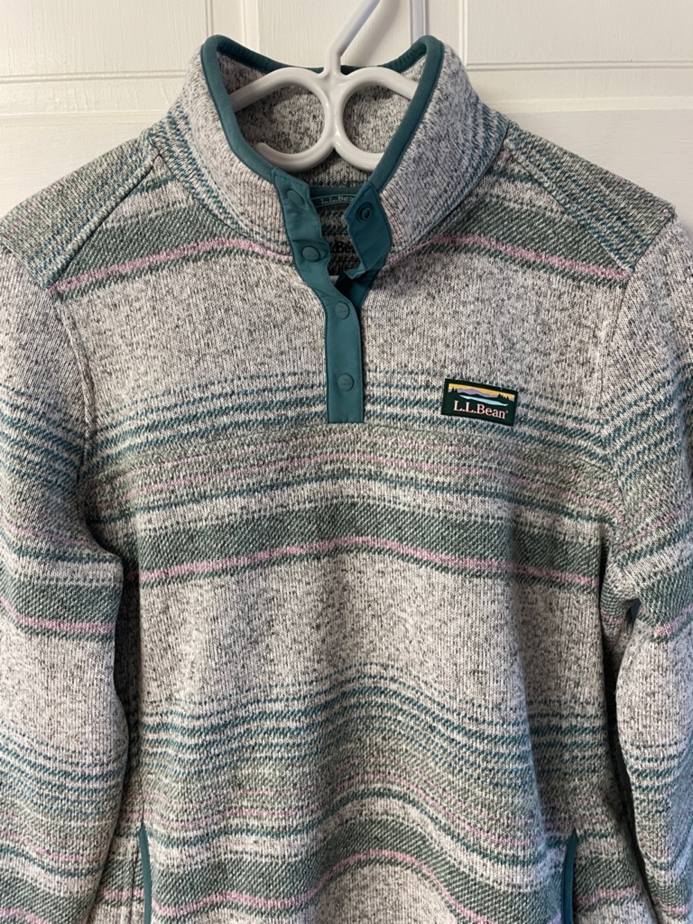 L.L.Bean Sweater Fleece Pullover snap neck striped design women’s size medium